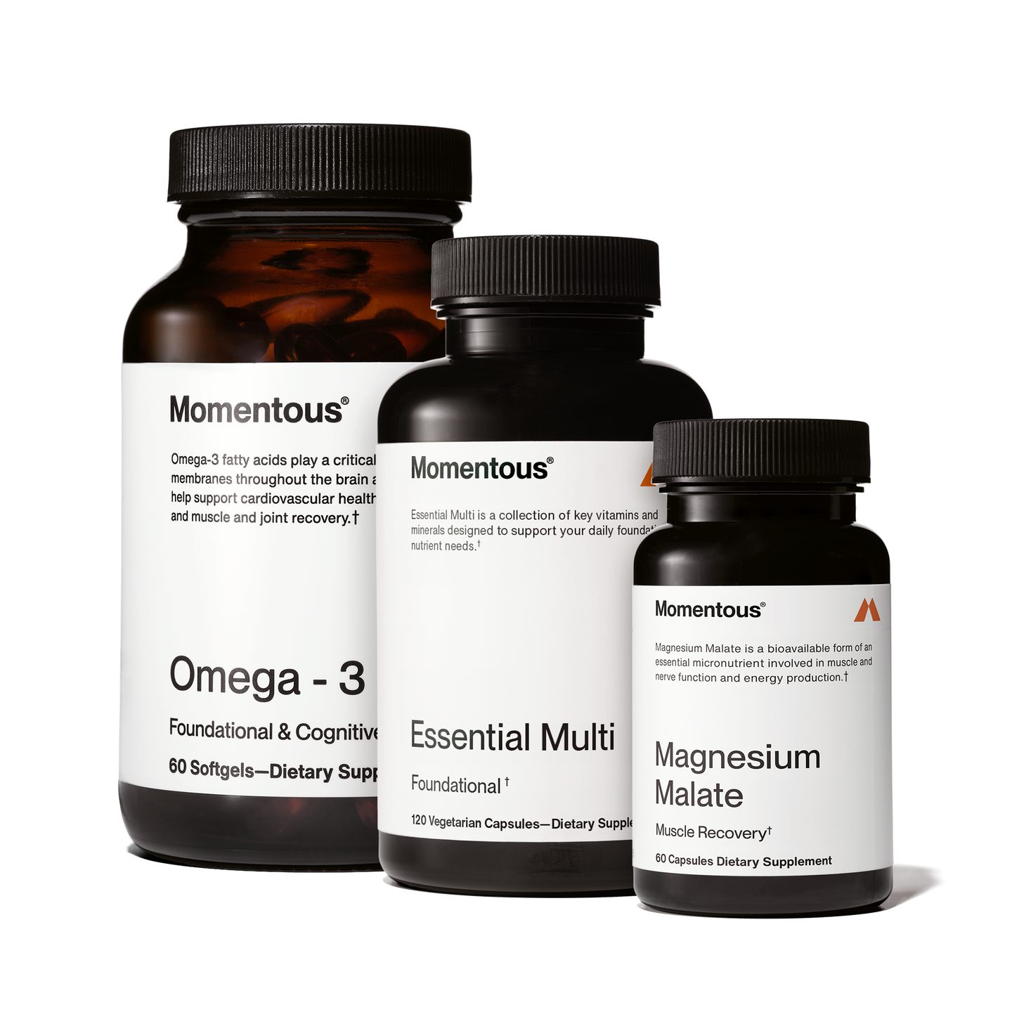 Athletic Foundational Stack which includes a bottle of Magnesium Malate, a bottle of Multivitamin, and a bottle of Omega-3