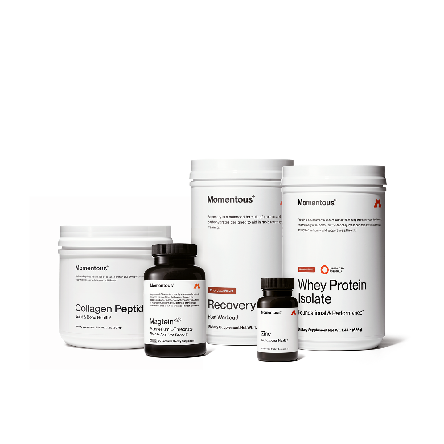 Chocolate Athletic Resilience Stack which contains a jar of collagen peptides, chocolate whey protein, chocolate recovery, Magnesium Threonate, and Zinc