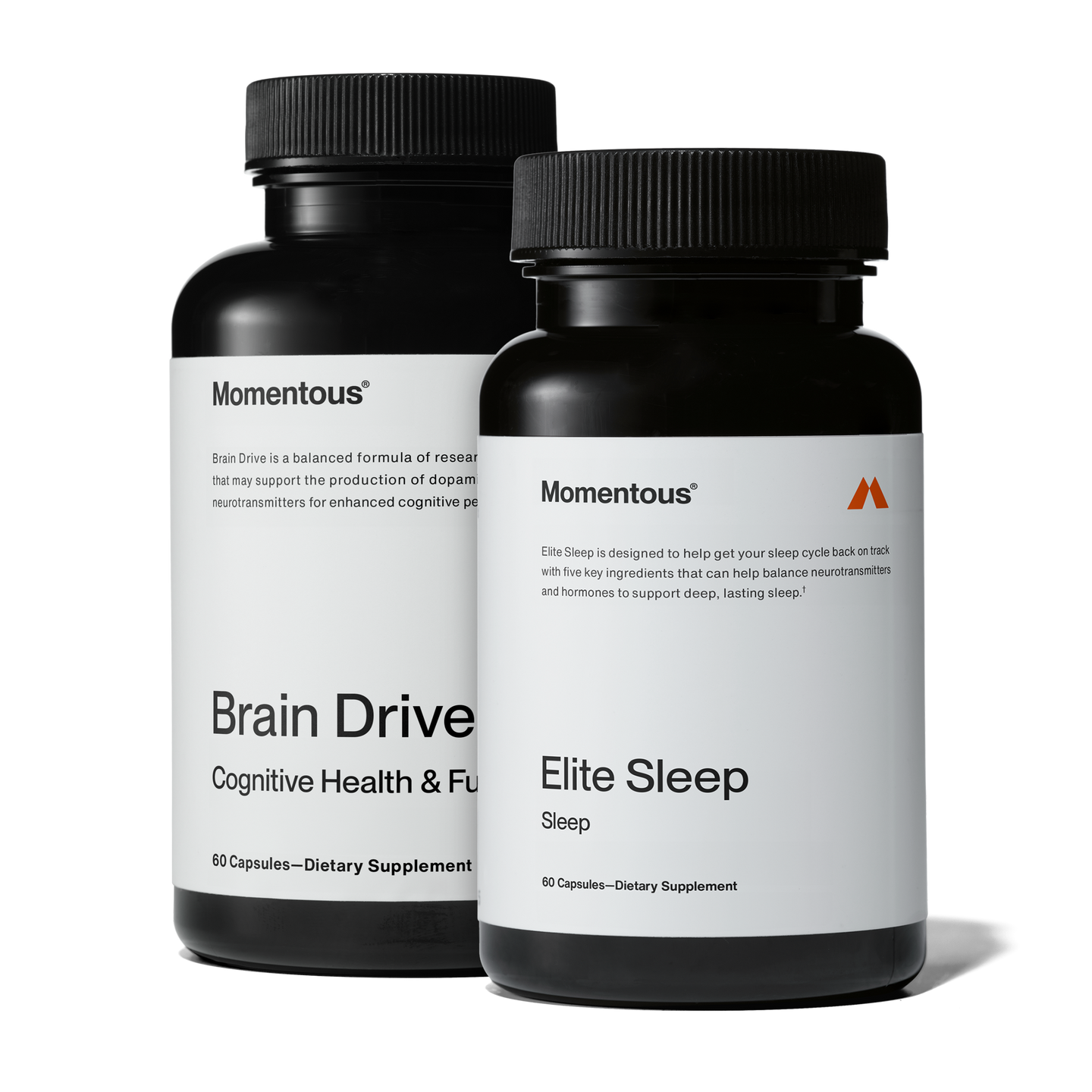 Brain Drive pill bottle + Elite Sleep pill bottle