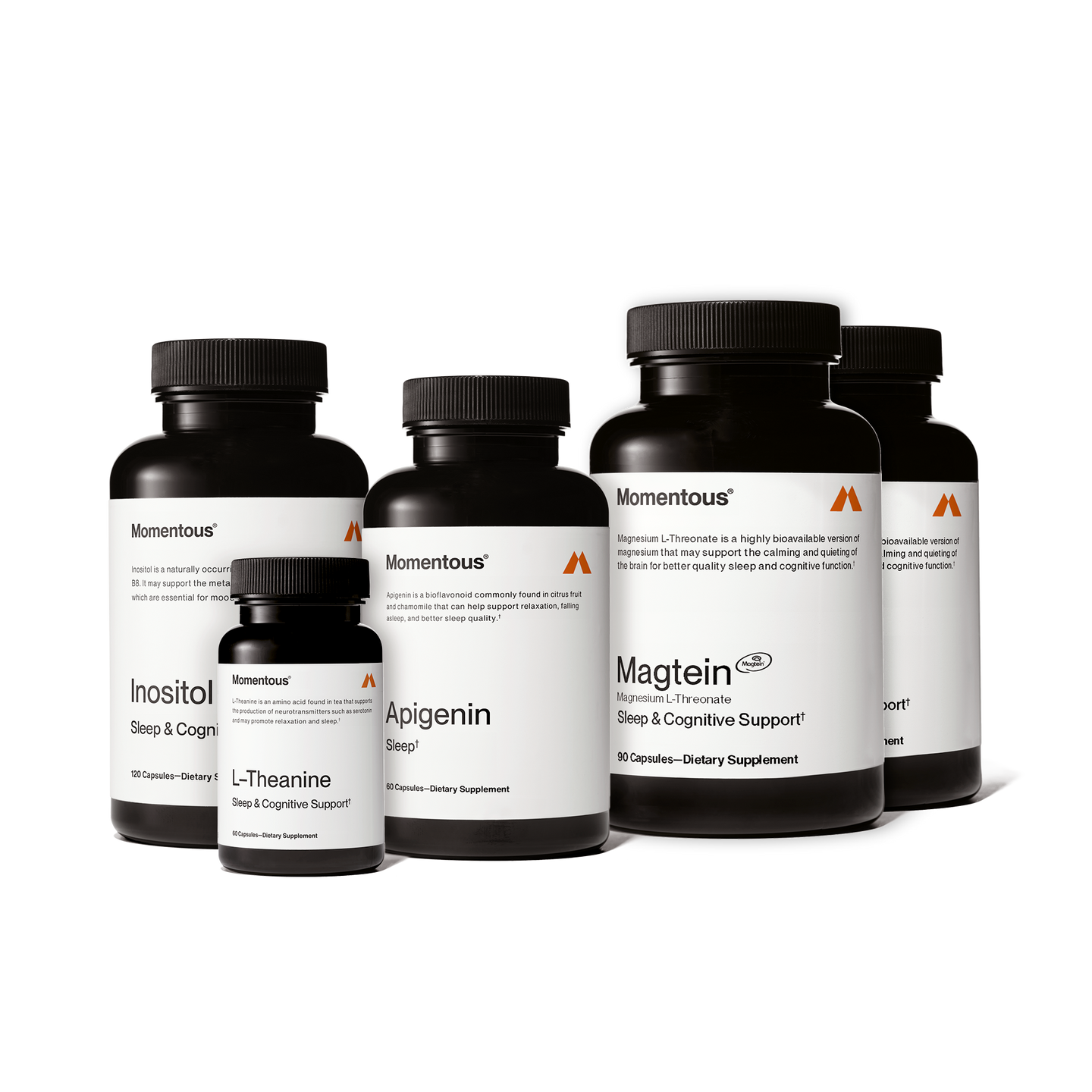 Image of Complete Sleep Bundle which includes Apigenin, two bottles of Magtein Magnesium L-Threonate, Inositol, and L-Theanine.