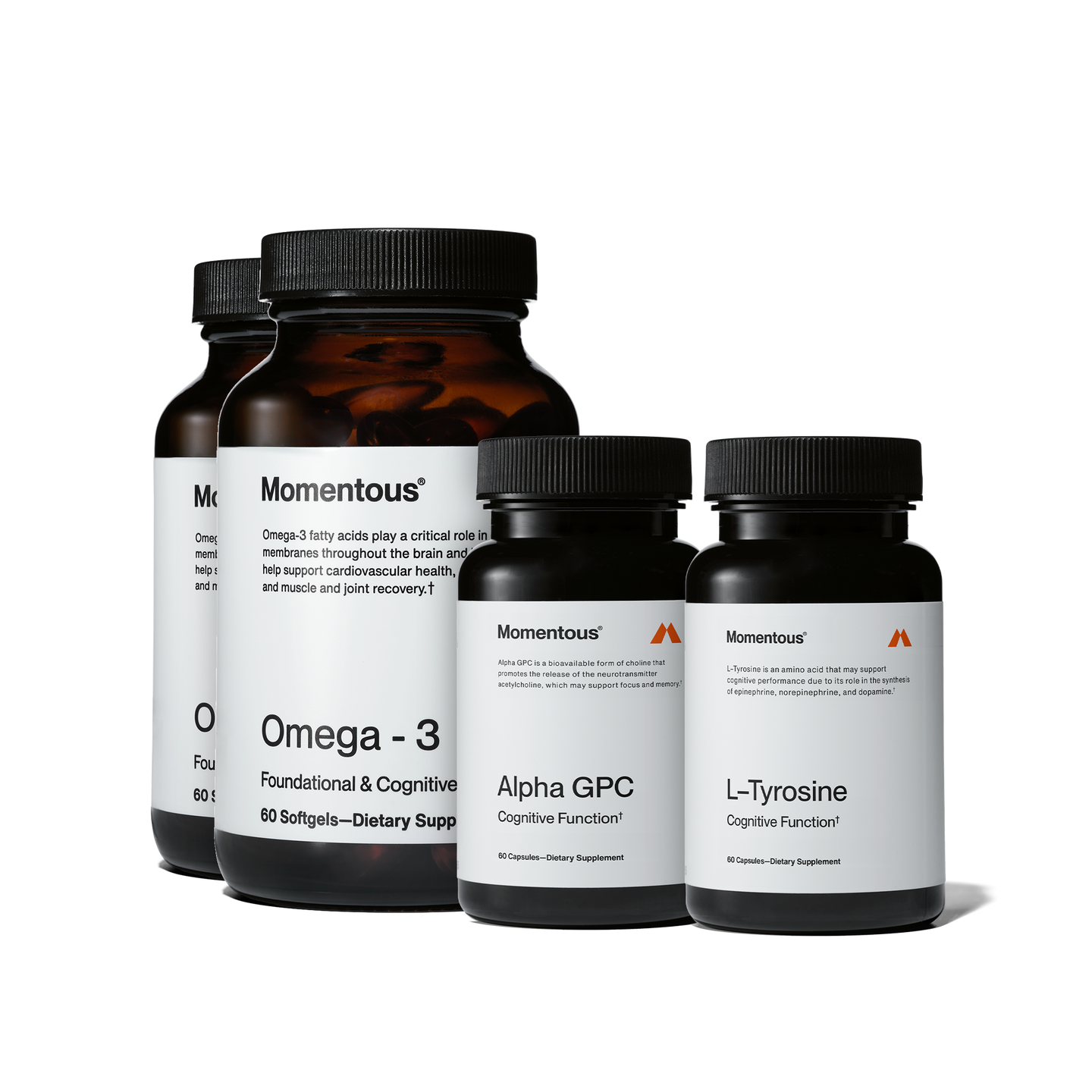 Focus & Cognition Bundle that includes Alpha GPC, two bottles of Omega-3, and Tyrosine