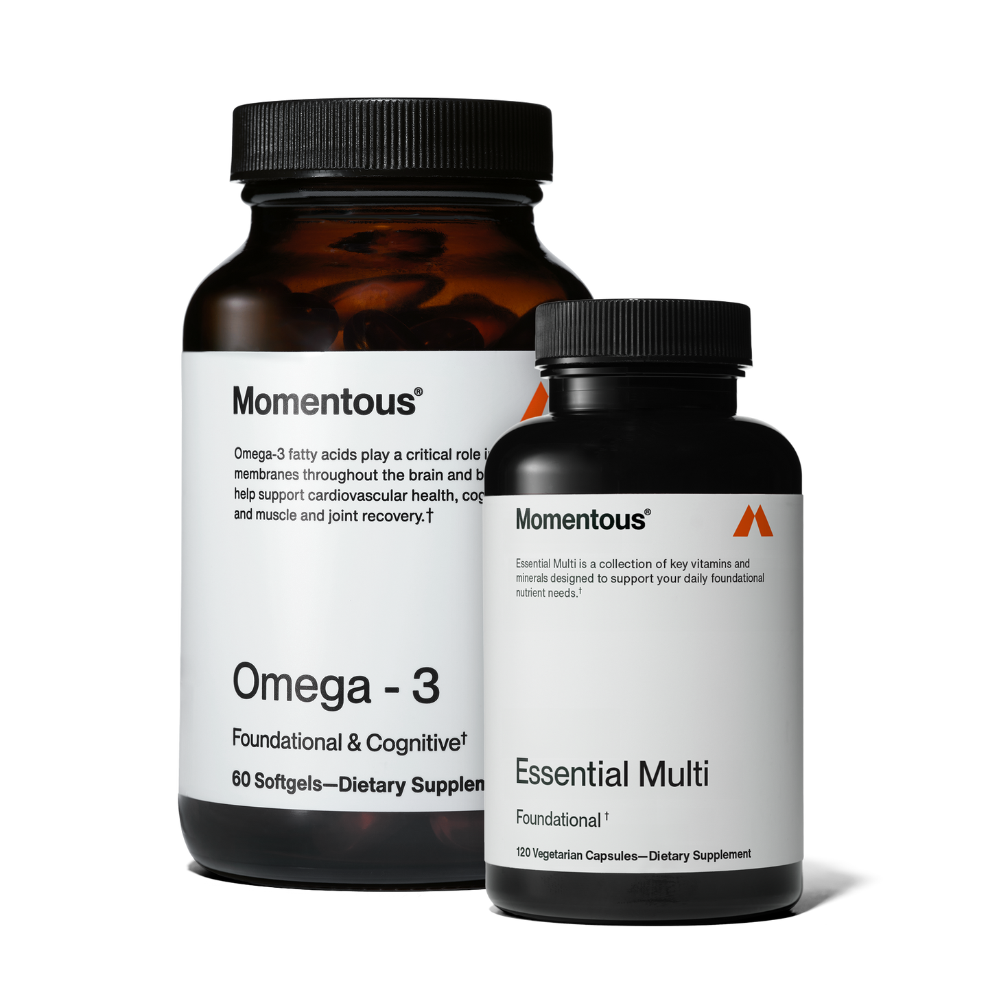 FOUNDATIONAL STACK WHICH INCLUDES A BOTTLE OF MOMENTOUS MULTIVITAMIN AND A BOTTLE OF OMEGA-3