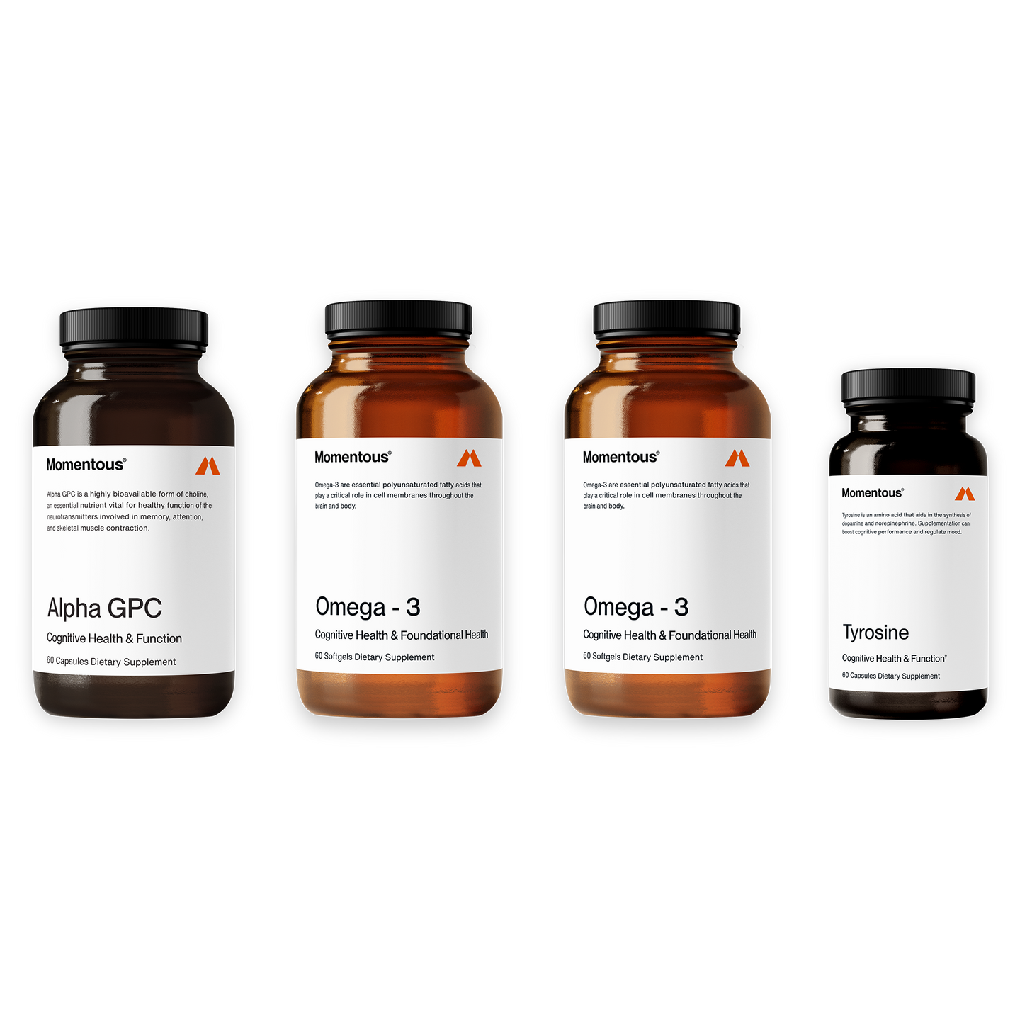 Focus & Cognition Bundle that includes Alpha GPC, two bottles of Omega-3, and Tyrosine