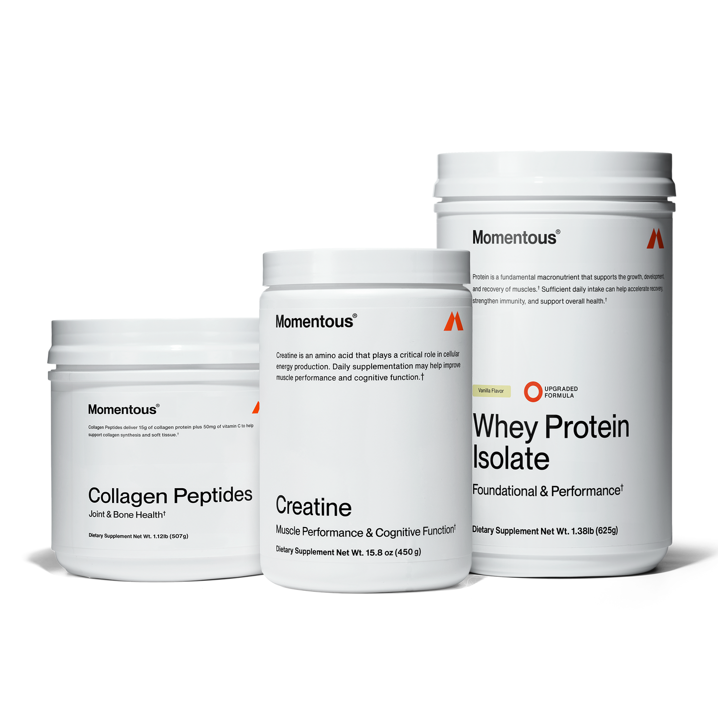 Vanilla flavored Foundational Female Athlete Bundle which includes a jar of creatine, vanilla whey whey protein, and a jar of collagen peptides