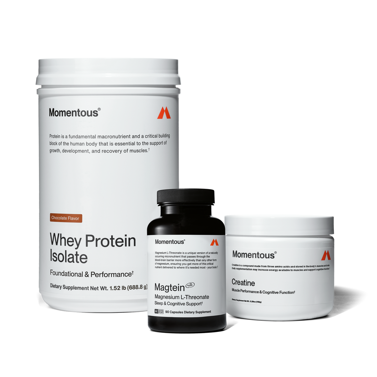 Tim's Performance Stack which includes a container of Chocolate flavor whey protein isolate, a bottle of Magnesium L-Threonate, and a jar of Creatine