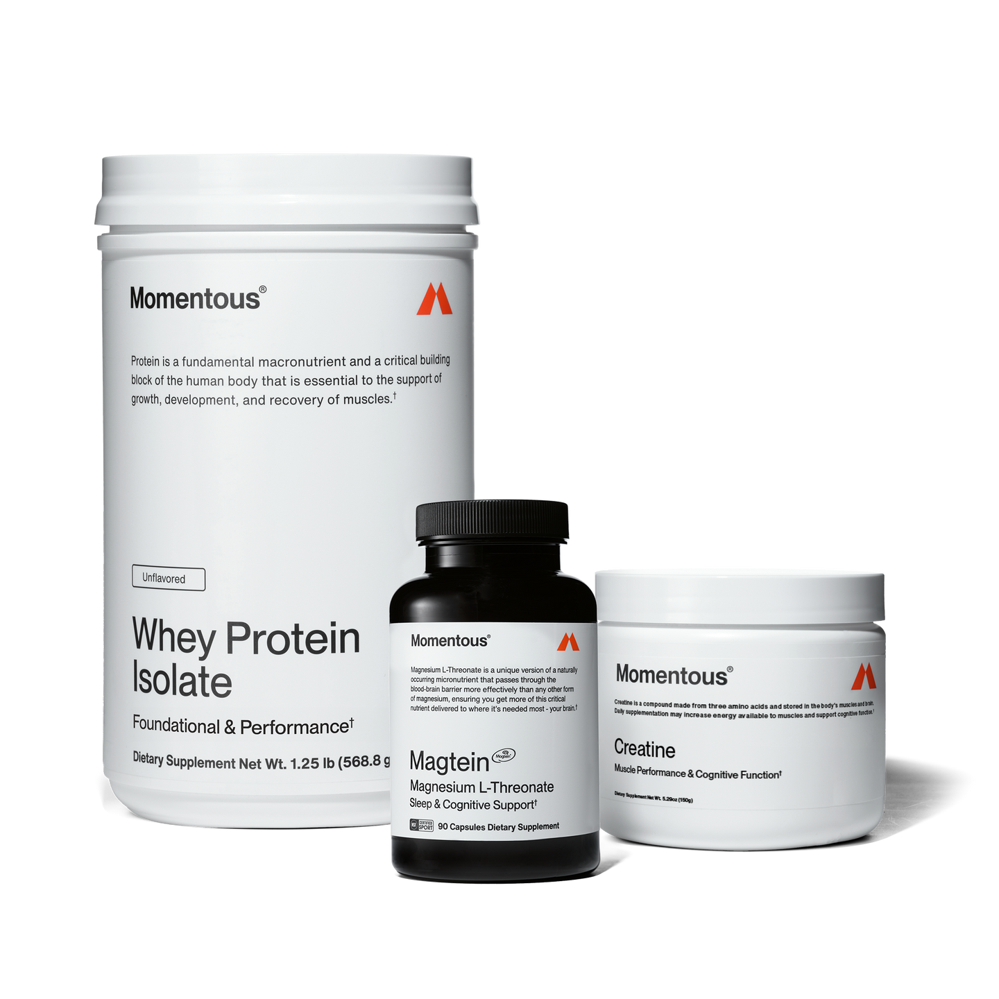 Tim's Performance Stack which includes a container of unflavored whey protein isolate, a bottle of Magnesium L-Threonate, and a jar of Creatine