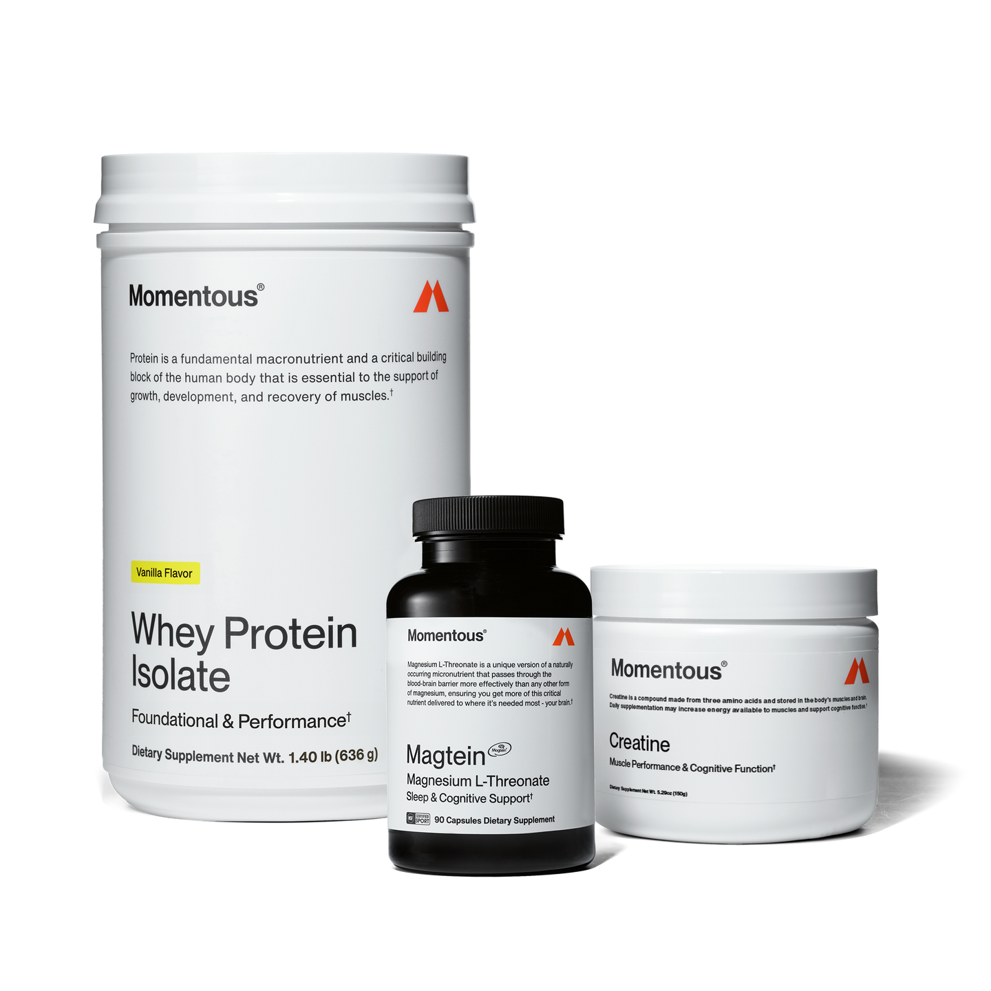 Tim's Performance Stack which includes a container of Vanilla flavor whey protein isolate, a bottle of Magnesium L-Threonate, and a jar of Creatine