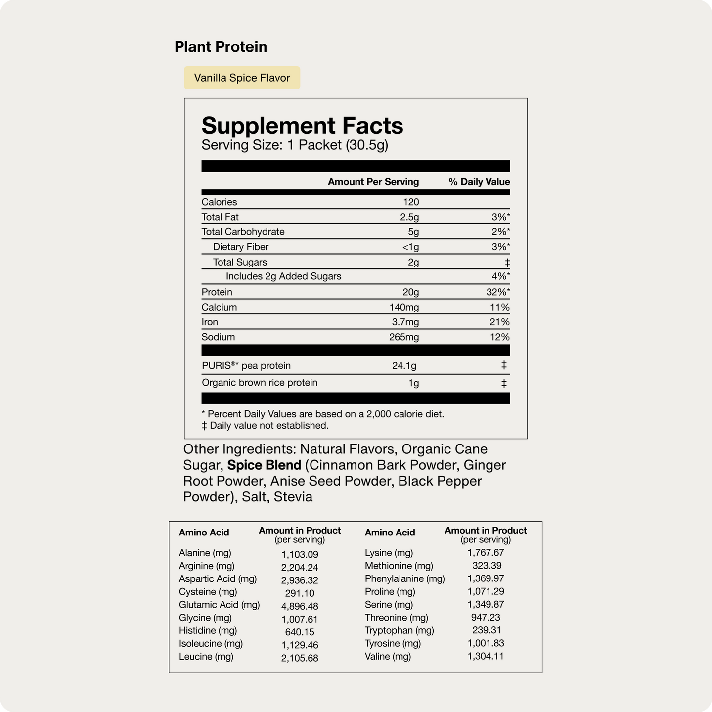 Plant Protein Powder Vanilla Spice Packet Supplement Facts