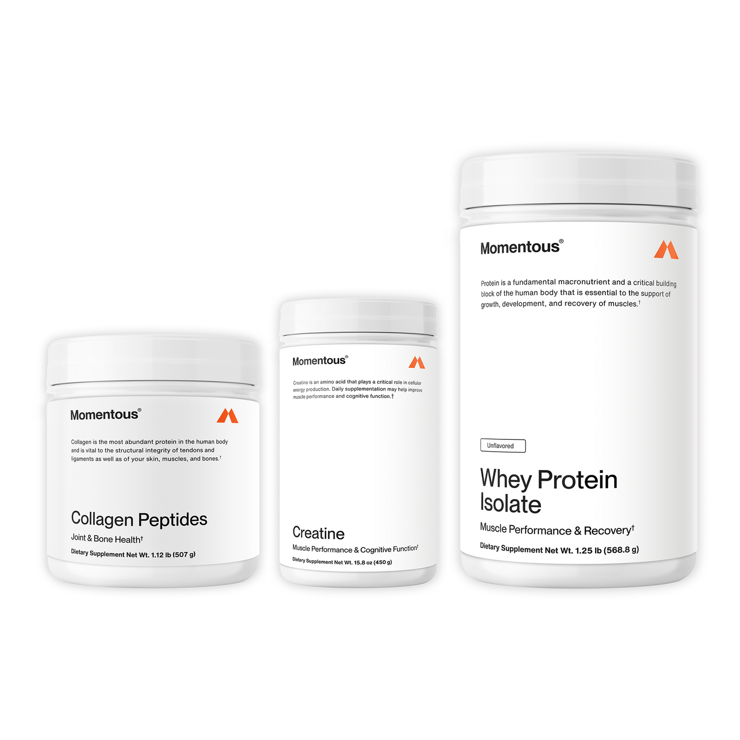 Unflavored Foundational Female Athlete Bundle which includes a jar of creatine, unflavored whey protein, and a jar of collagen peptides