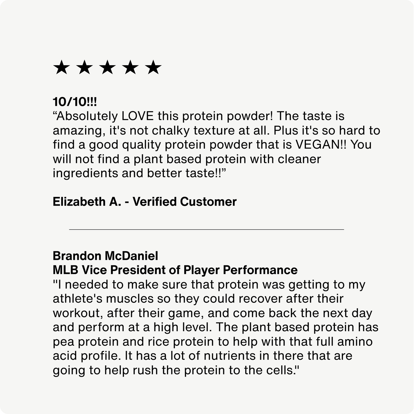 Positive 5 star review written about 100% plant protein travel pack and review left by Brandon McDaniel, MLB Vice President of Player Performance