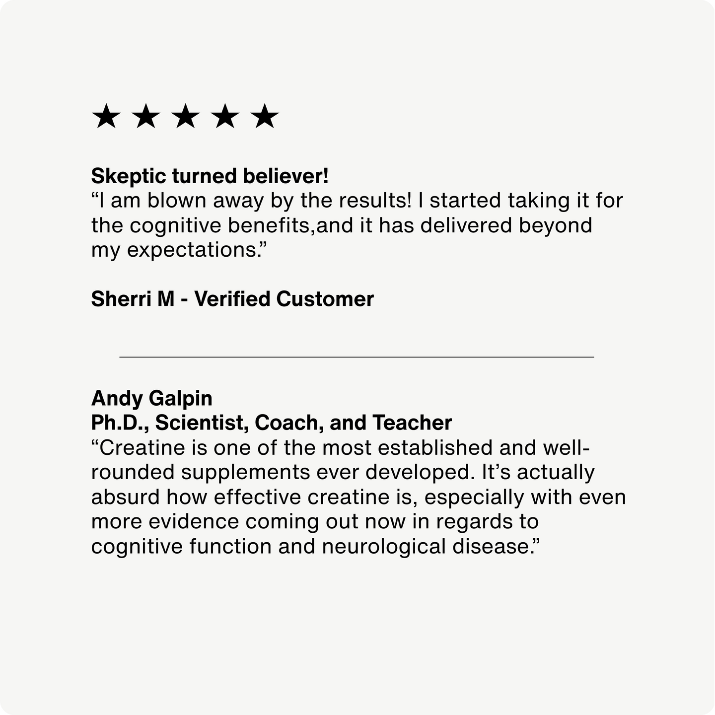 Positive 5 star review written about Creatine 15-Travel Packs and positive review left by Andy Galpin.