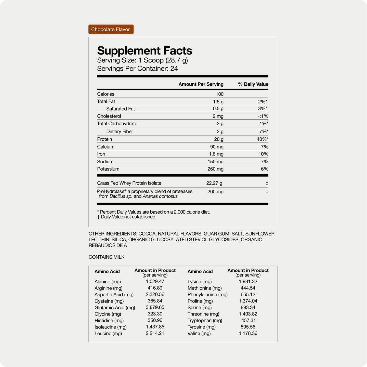 Chocolate Grass Fed Whey Protein Isolate Powder Supplement Facts