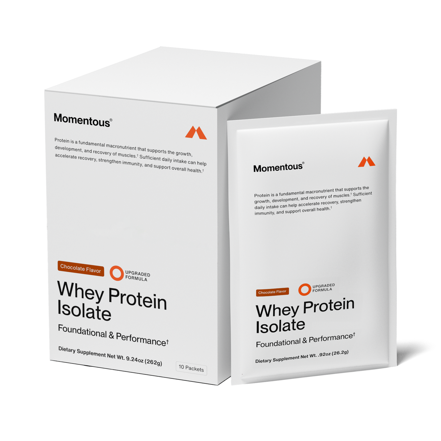 Chocolate whey travel packs with carton and individual packet