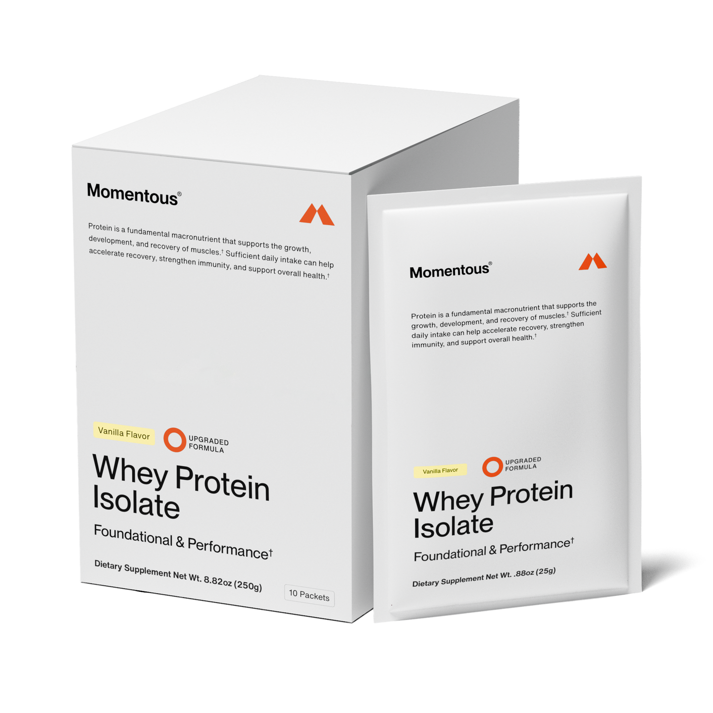 Vanilla whey travel packs with carton and individual packet